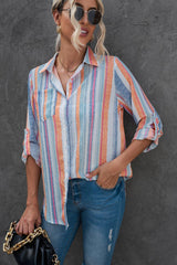 Striped Button-Up Curved Hem Shirt with Breast Pocket - Flyclothing LLC