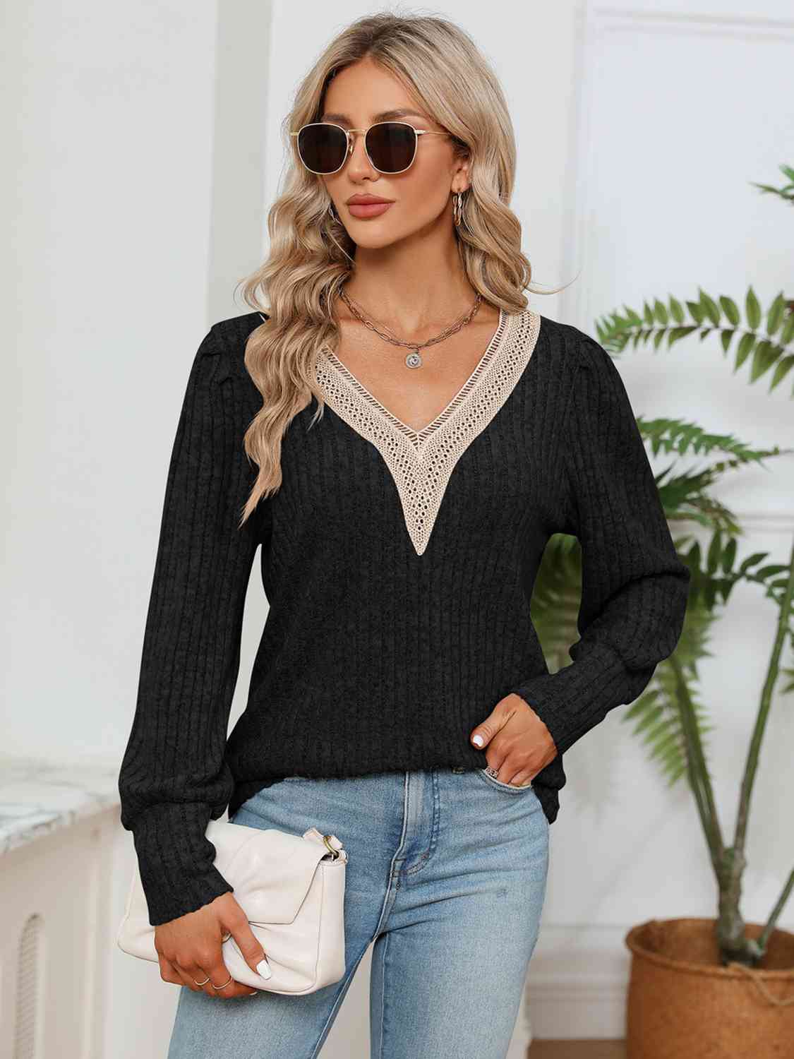 Lace Detail V-Neck Ribbed Blouse - Trendsi - Flyclothing LLC