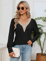 Lace Detail V-Neck Ribbed Blouse - Trendsi - Flyclothing LLC