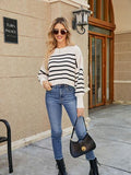 Round Neck Striped Lantern Sleeve Sweater - Trendsi