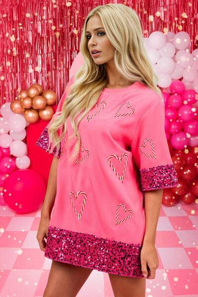 Candy Cane Sequin Half Sleeve T-Shirt - Trendsi - Flyclothing LLC