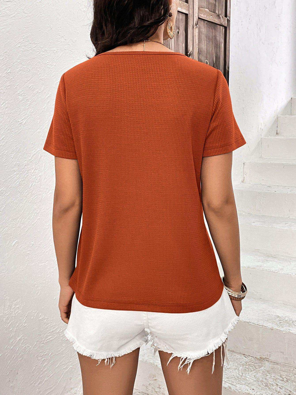 Lace Trim Contrast Waffle-Knit Top - Trendsi - Flyclothing LLC