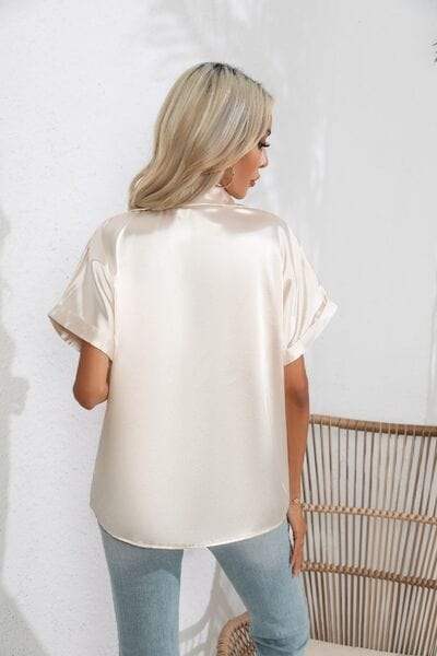 Collared Neck Short Sleeve Shirt - Trendsi - Flyclothing LLC