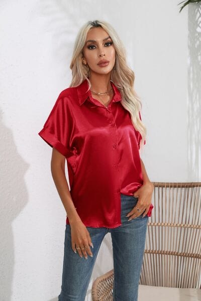 Collared Neck Short Sleeve Shirt - Trendsi