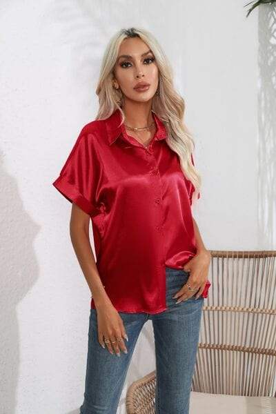 Collared Neck Short Sleeve Shirt - Trendsi - Flyclothing LLC