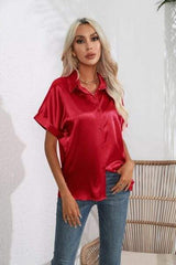 Collared Neck Short Sleeve Shirt - Trendsi - Flyclothing LLC