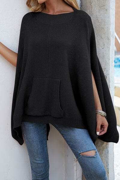 Waffle-Knit Pocketed Cape Sleeve Sweater - Trendsi - Flyclothing LLC