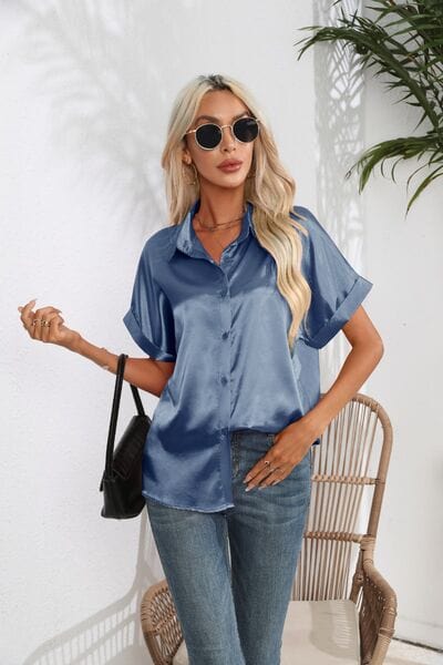 Collared Neck Short Sleeve Shirt - Trendsi
