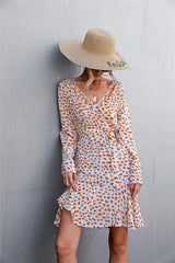 Printed V-Neck Tie Belt Ruffle Hem Mini Dress - Trendsi - Flyclothing LLC