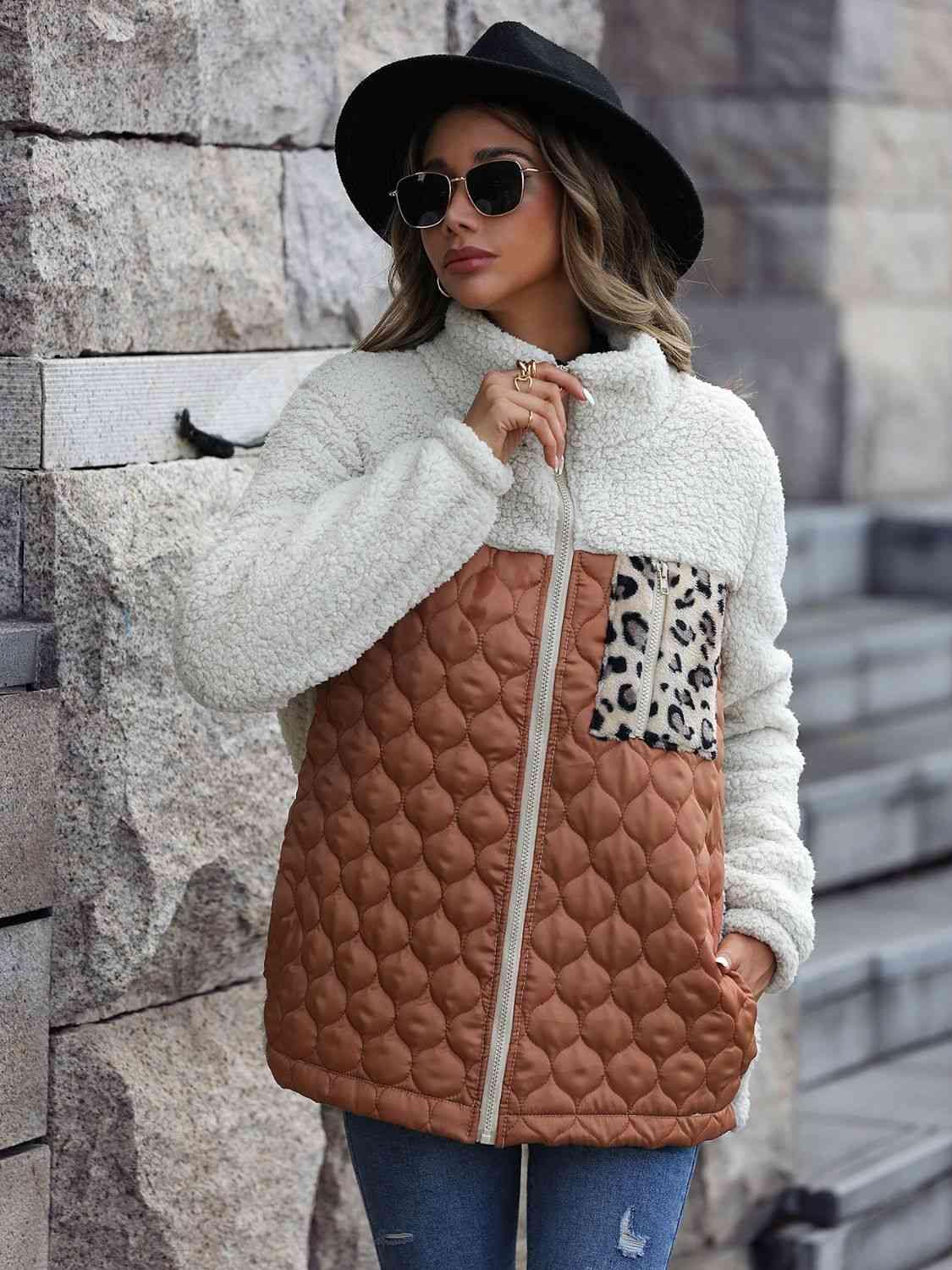 Leopard Color Block Zip-Up Jacket - Trendsi
