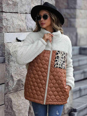 Leopard Color Block Zip-Up Jacket - Trendsi
