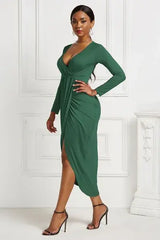 High-low Ruched Surplice Long Sleeve Dress - Trendsi - Flyclothing LLC