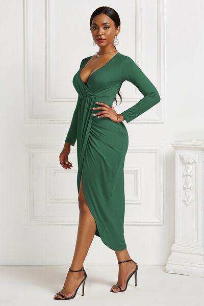 High-low Ruched Surplice Long Sleeve Dress - Trendsi - Flyclothing LLC
