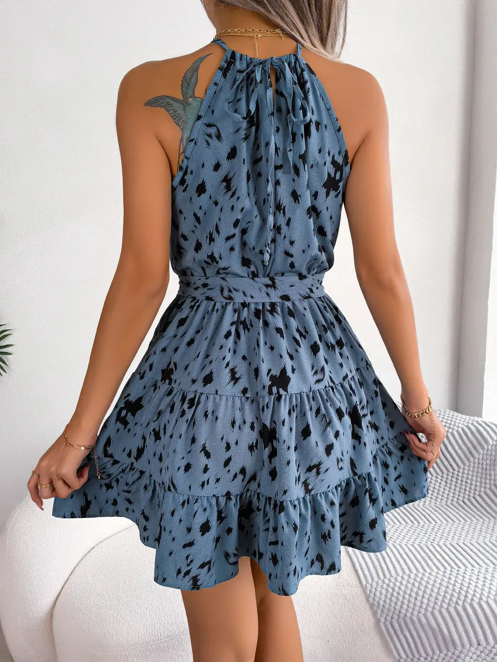 Halter Neck Printed Tie Waist Sleeveless Mini Dress - Trendsi - Flyclothing LLC