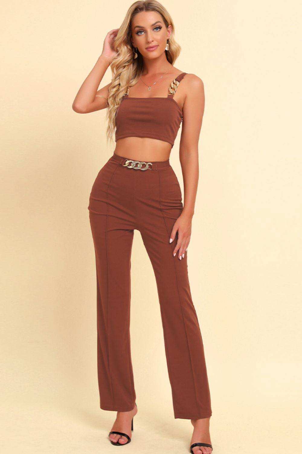 Chain Detail Cropped Cami and Straight Leg Pants Set - Trendsi - Flyclothing LLC