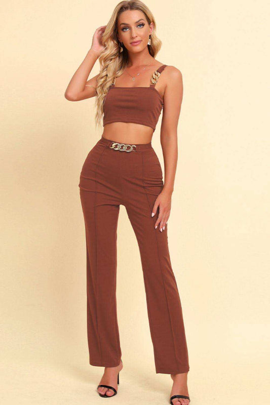 Chain Detail Cropped Cami and Straight Leg Pants Set - Trendsi - Flyclothing LLC
