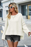 High-Low Slit Round Neck Long Sleeve Sweater - Trendsi - Flyclothing LLC