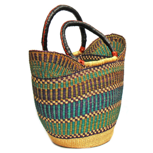Bolga Tote, Mixed Colors with Leather Handle - 18-inch - Gitzell