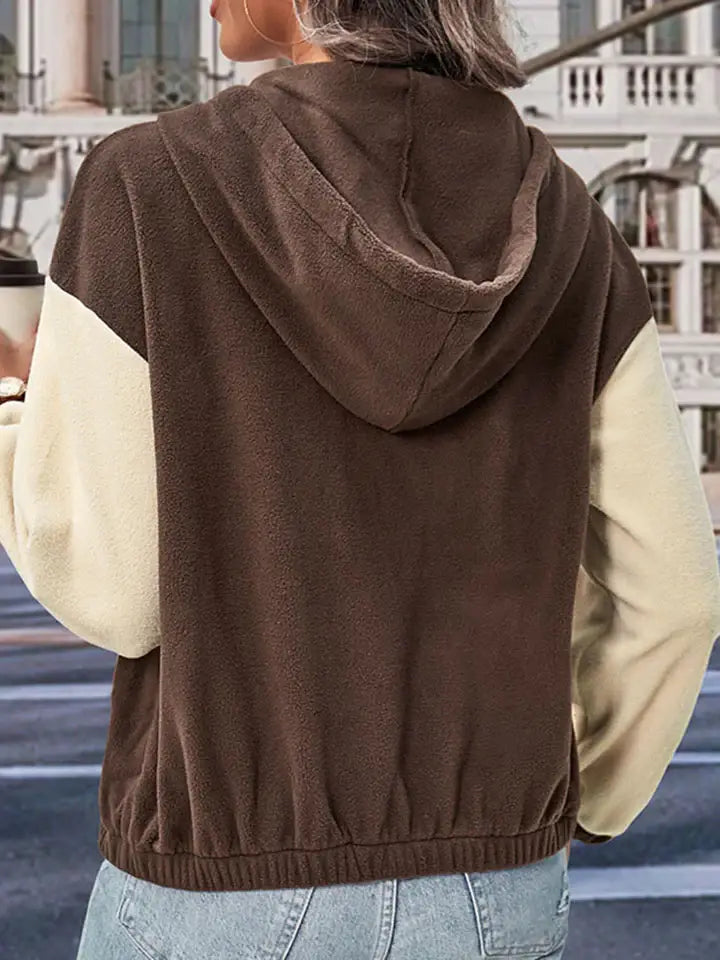 Two-Tone Zip-Up Dropped Shoulder Hooded Jacket - Trendsi - Flyclothing LLC