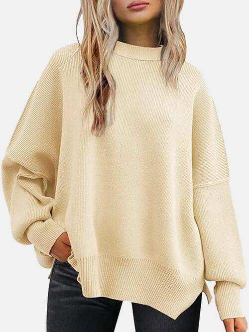 Round Neck Drop Shoulder Slit Sweater - Trendsi - Flyclothing LLC
