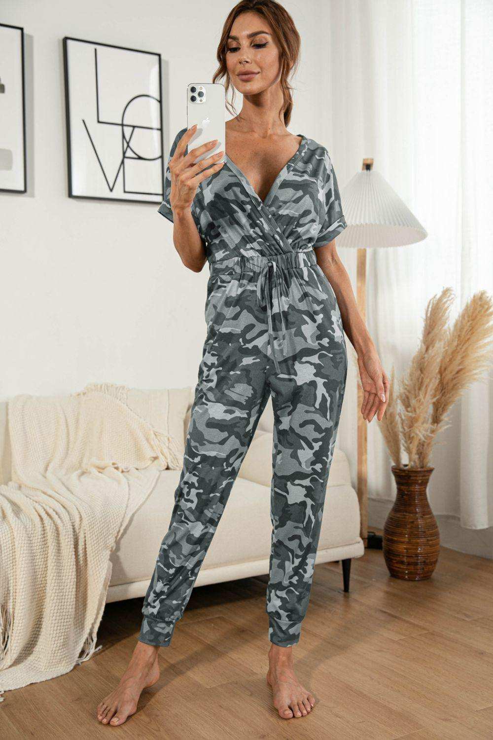 Surplice Neck Tied Short Sleeve Jumpsuit - Trendsi - Flyclothing LLC