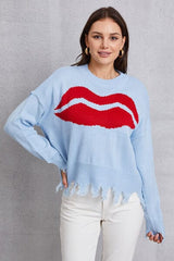 Lip Fringe Round Neck Sweater - Trendsi