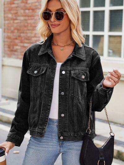 Pocketed Collared Neck Denim Jacket - Trendsi - Flyclothing LLC