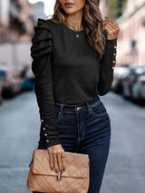 Decorative Button Puff Sleeve T-Shirt - Trendsi - Flyclothing LLC
