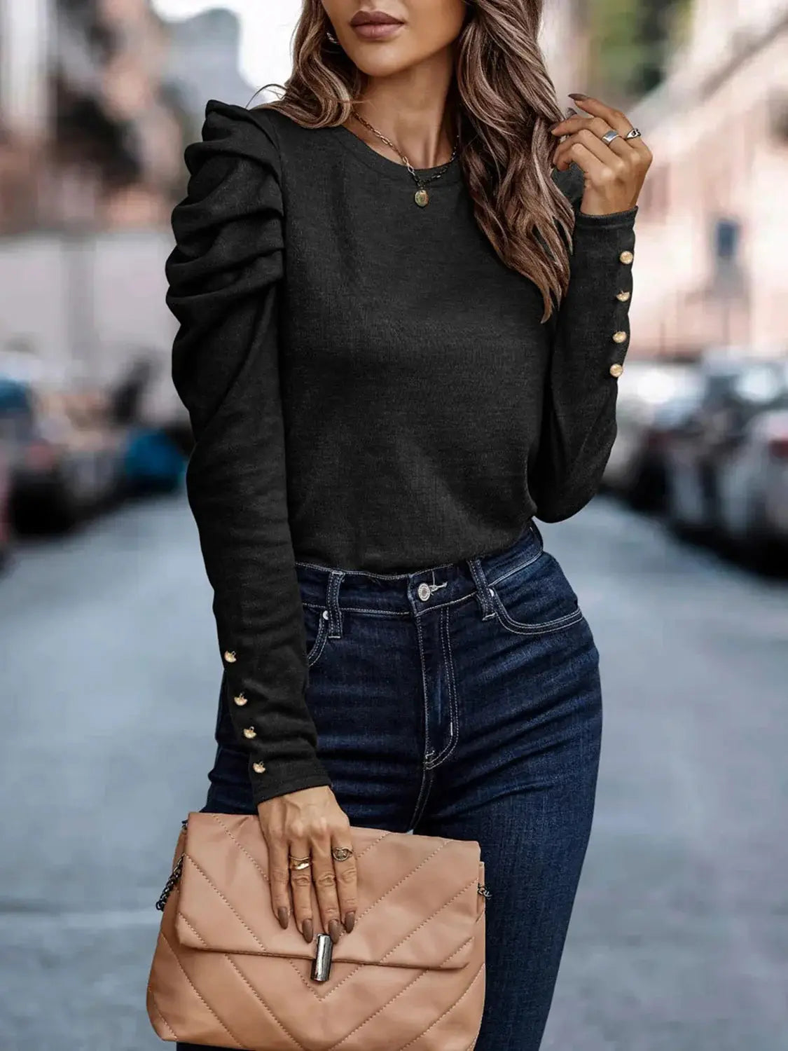 Decorative Button Puff Sleeve T-Shirt - Trendsi - Flyclothing LLC
