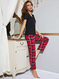 Heart Graphic V-Neck Top and Plaid Pants Lounge Set - Trendsi