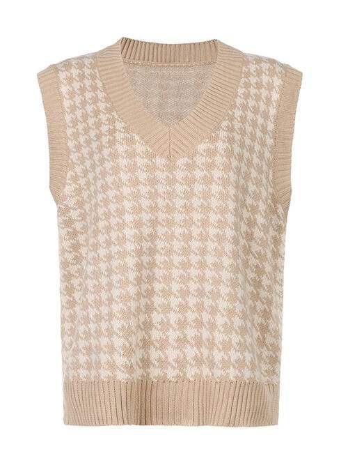 Houndstooth V-Neck Sweater Vet - Trendsi - Flyclothing LLC