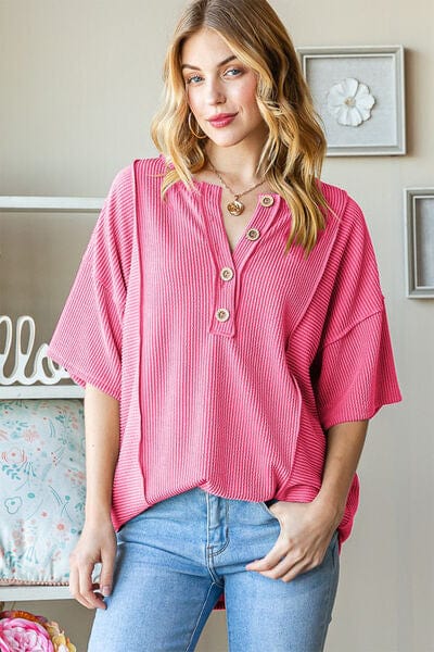 Heimish Full Size Ribbed Half Button Drop Shoulder Top - Trendsi
