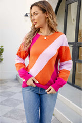 Color Block Ribbed Round Neck Sweater - Trendsi - Flyclothing LLC