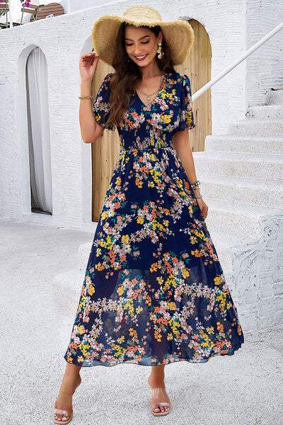 Smocked Floral V-Neck Short Sleeve Dress - Trendsi - Flyclothing LLC