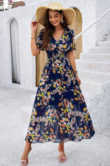 Smocked Floral V-Neck Short Sleeve Dress - Trendsi - Flyclothing LLC