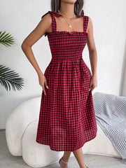 Frill Plaid Square Neck Midi Dress - Trendsi