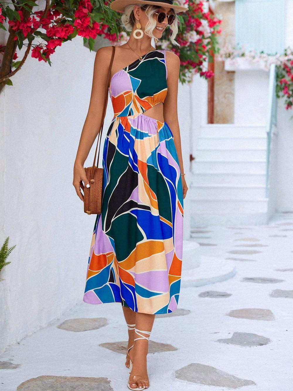 Printed Cutout One-Shoulder Sleeveless Dress - Trendsi - Flyclothing LLC