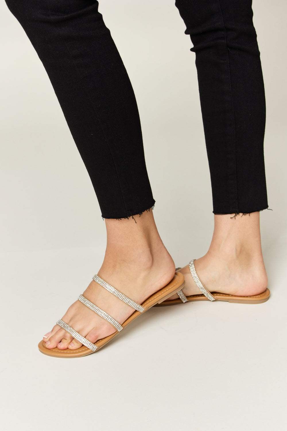 WILD DIVA Rhinestone Three-Strap Flat Sandals - Trendsi - Flyclothing LLC