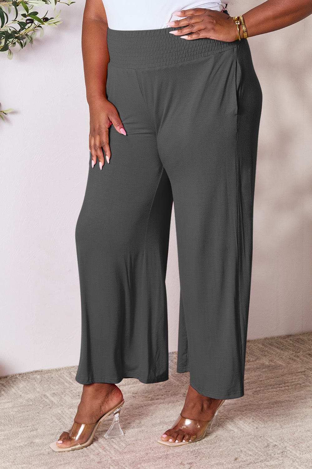 Double Take Full Size Smocked Wide Waistband Wide Leg Pants - Trendsi - Flyclothing LLC
