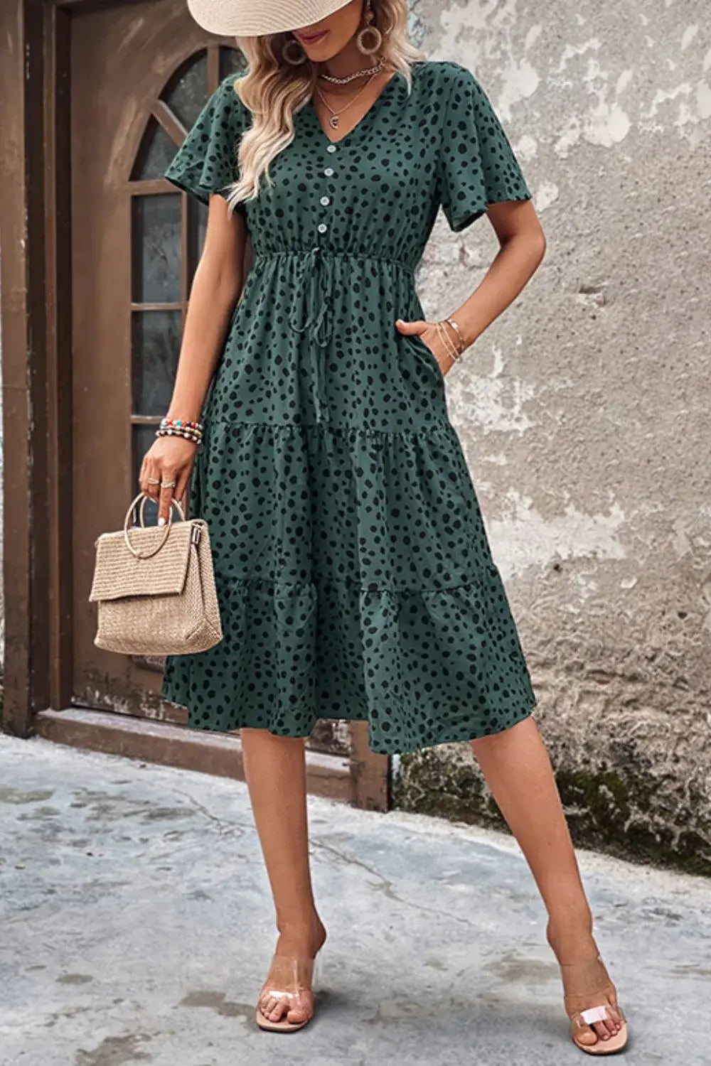Printed Buttoned V-Neck Flutter Sleeve Dress - Trendsi - Flyclothing LLC