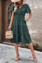 Printed Buttoned V-Neck Flutter Sleeve Dress - Trendsi - Flyclothing LLC