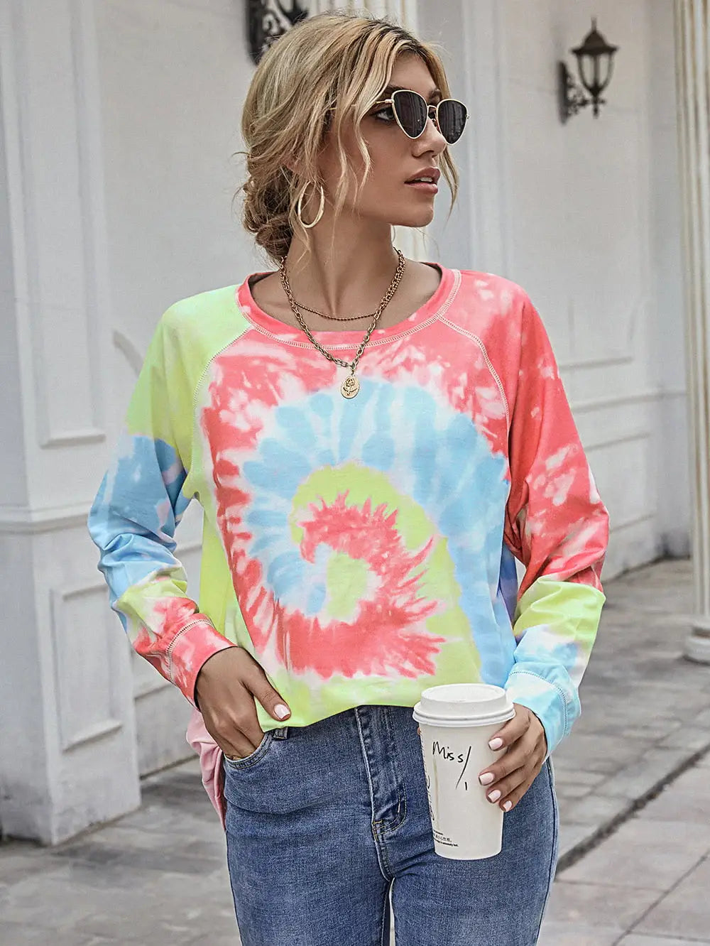 Printed Round Neck Raglan Sleeve Tee - Trendsi - Flyclothing LLC