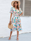 Printed Tie-Waist V-Neck Flutter Sleeve Dress - Trendsi