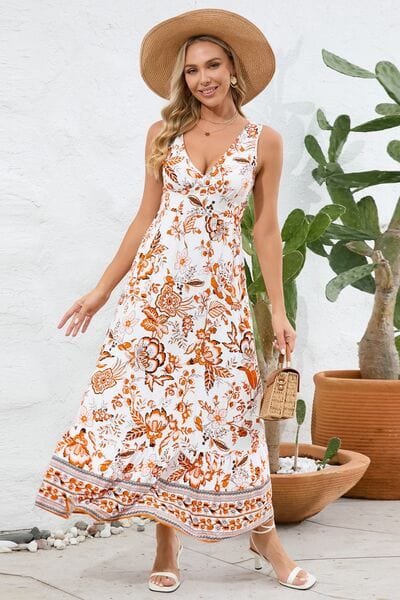 Printed V-Neck Wide Strap Dress - Trendsi