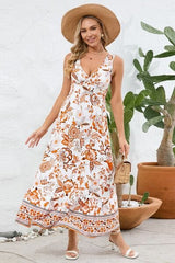 Printed V-Neck Wide Strap Dress - Trendsi