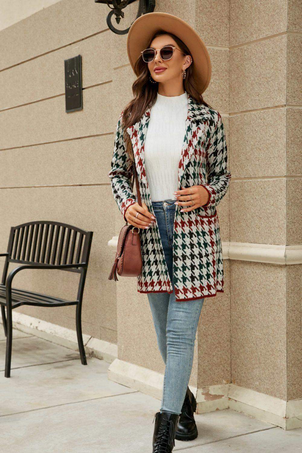 Printed Open Front Lapel Collar Cardigan with Pockets - Trendsi - Flyclothing LLC