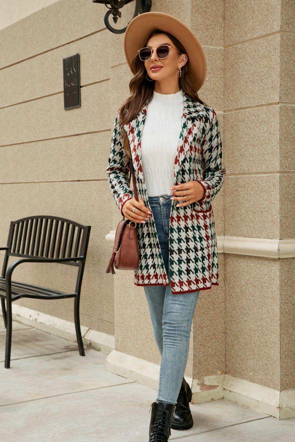 Printed Open Front Lapel Collar Cardigan with Pockets - Trendsi - Flyclothing LLC