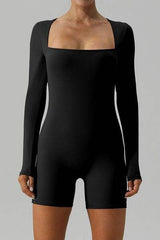 Square Neck Long Sleeve Active Romper - Trendsi - Flyclothing LLC