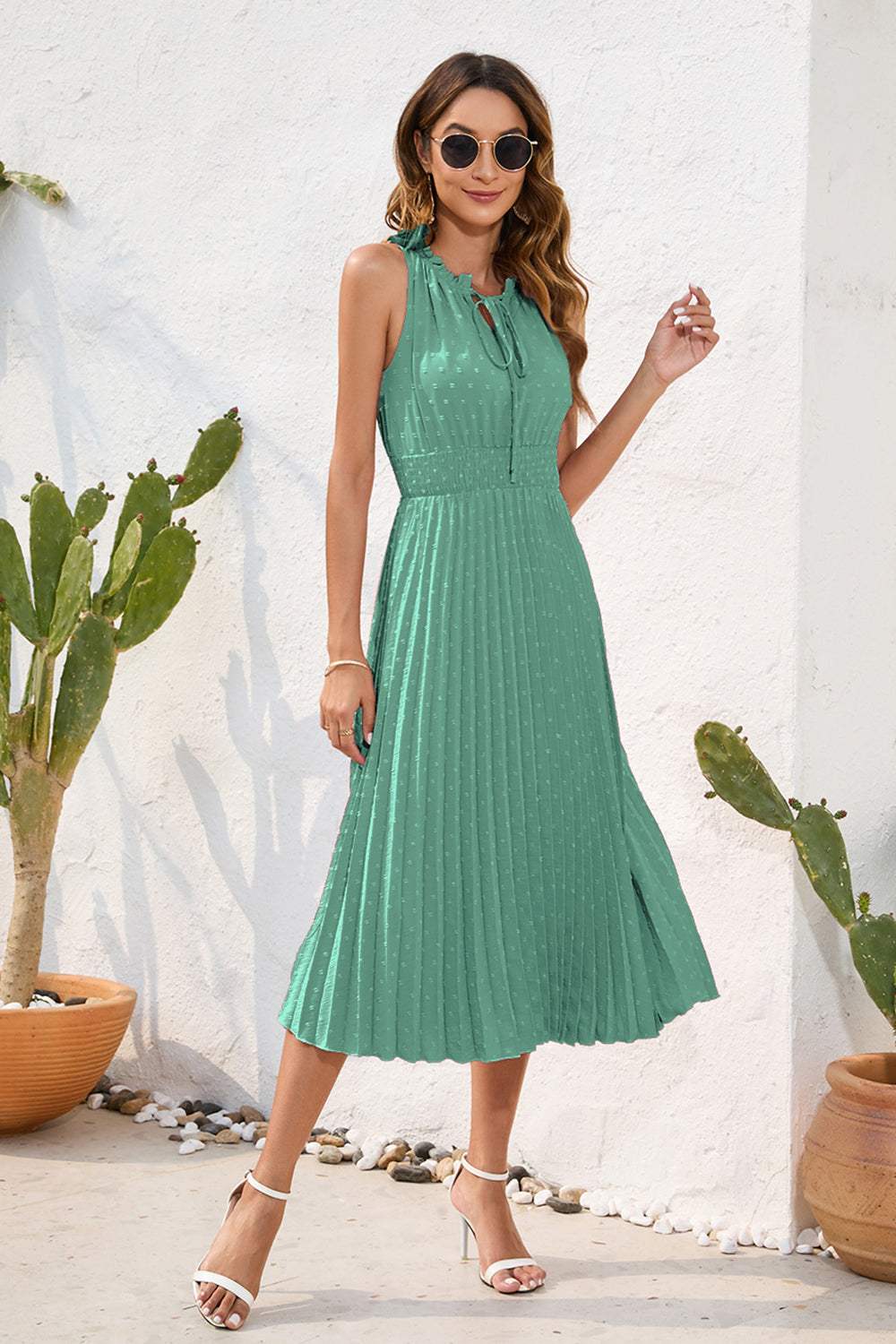 Swiss Dot Tie Neck Sleeveless Dress - Trendsi - Flyclothing LLC
