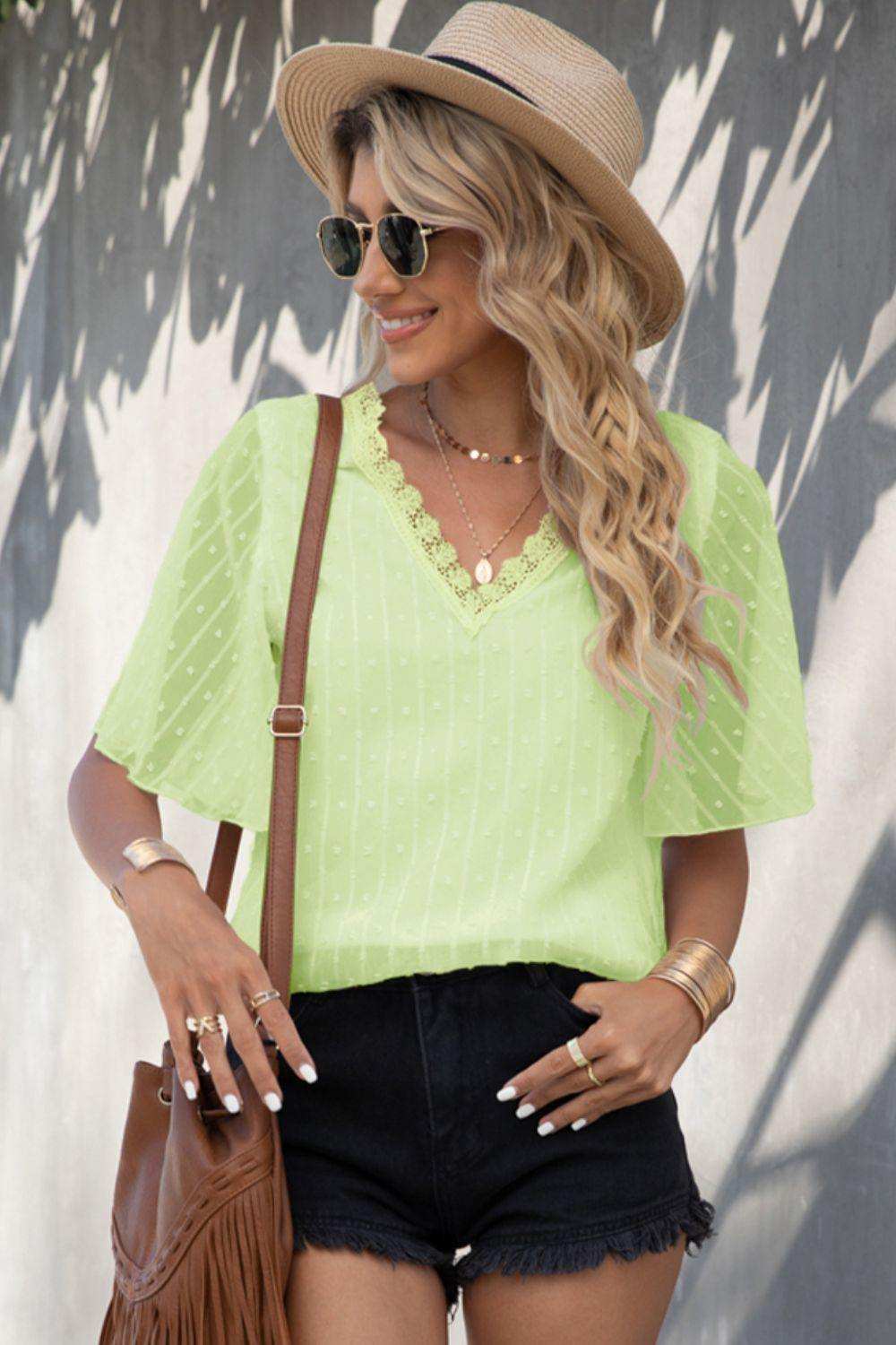 Swiss Dot Lace Trim Flutter Sleeve V-Neck Blouse - Trendsi - Flyclothing LLC